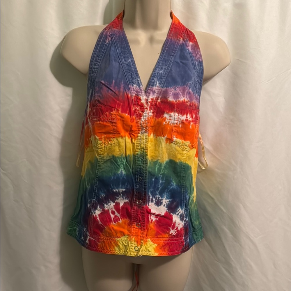 Faded Glory Blue and Red Tie Front Halter Tank Top